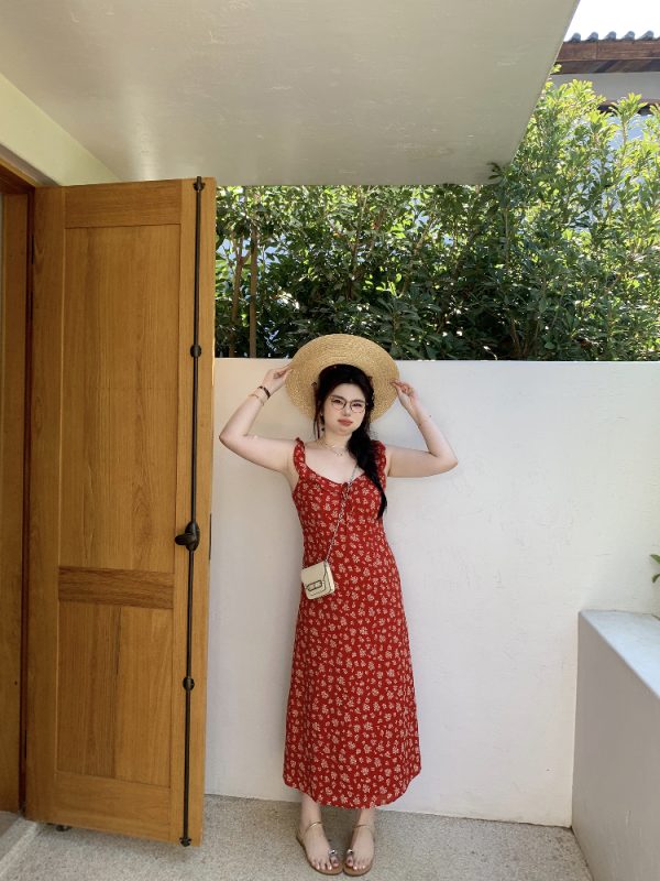 Slightly Chubby Floral Dress with Flying Sleeves - French Style Vacation Waist-Defined Long Dress for Summer Travel