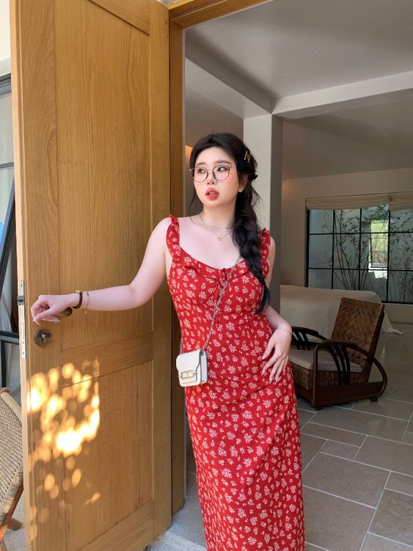 Slightly Chubby Floral Dress with Flying Sleeves - French Style Vacation Waist-Defined Long Dress for Summer Travel