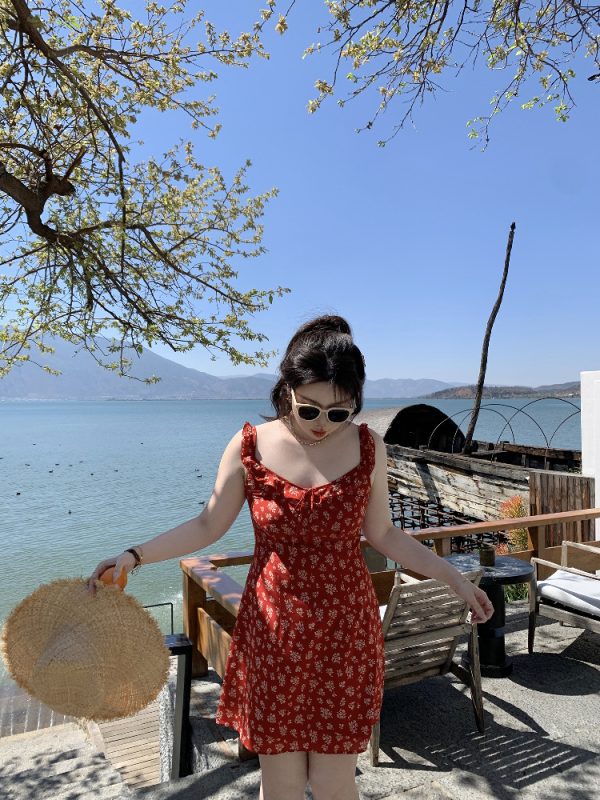 Slightly Chubby Floral Dress with Flying Sleeves - French Style Vacation Waist-Defined Long Dress for Summer Travel