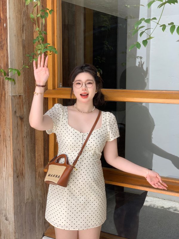 Slightly Chubby Heartbeat Polka Dot Lace Waist-Defined Short Sleeve Plus Size Dress with Short Skirt - Y2K Style