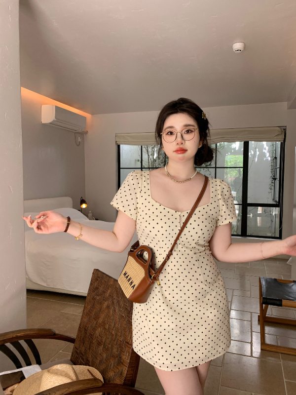 Slightly Chubby Heartbeat Polka Dot Lace Waist-Defined Short Sleeve Plus Size Dress with Short Skirt - Y2K Style