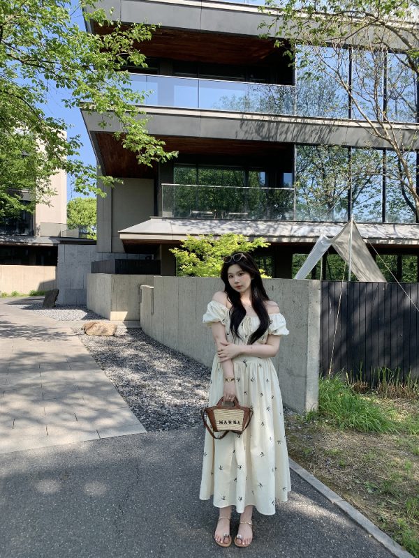 Slightly Chubby Off-Shoulder Plus Size Dress with Moonlight Dream Catcher & French Bow Embroidery, Waist-Defined, Y2K Style