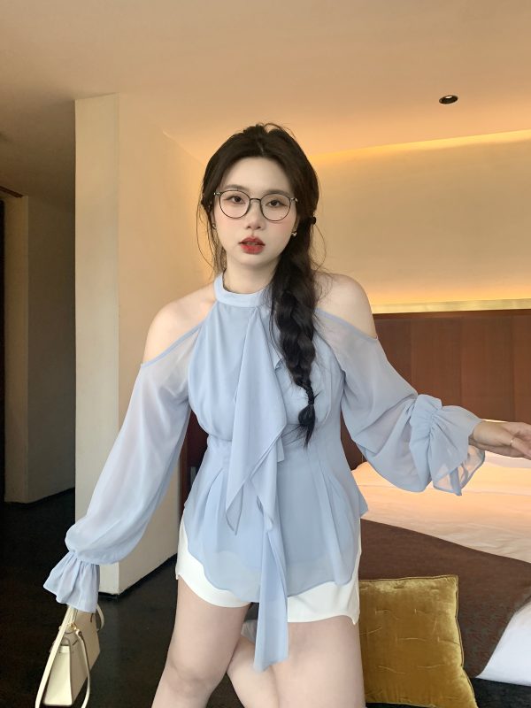 Slightly Chubby Plus Size Strapless Halter Neck Shirt - Blurry Irregular Flowing Design for a Stylish Waist-Defining Look