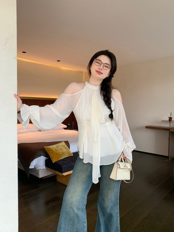 Slightly Chubby Plus Size Strapless Halter Neck Shirt - Blurry Irregular Flowing Design for a Stylish Waist-Defining Look