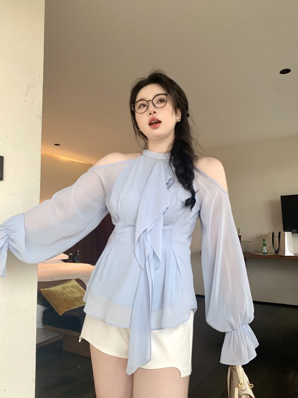 Slightly Chubby Plus Size Strapless Halter Neck Shirt - Blurry Irregular Flowing Design for a Stylish Waist-Defining Look