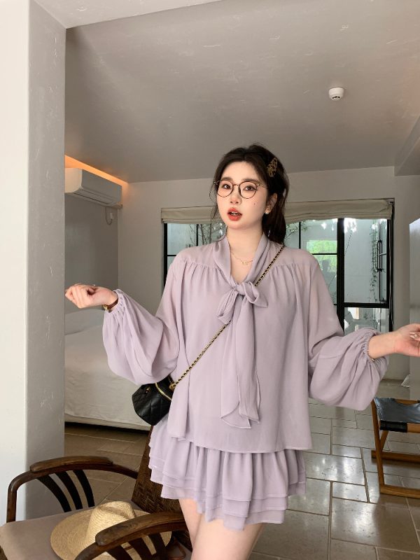 Slightly Chubby Purple Mist Aesthetics Shirt Set with Suspender Half Skirt and Bow Tie Ribbons â€“ Y2K Aesthetic Fashion