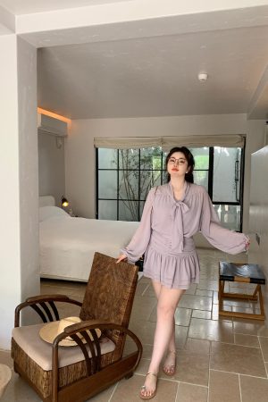 Slightly Chubby Purple Mist Aesthetics Shirt Set with Suspender Half Skirt and Bow Tie Ribbons â€“ Y2K Aesthetic Fashion