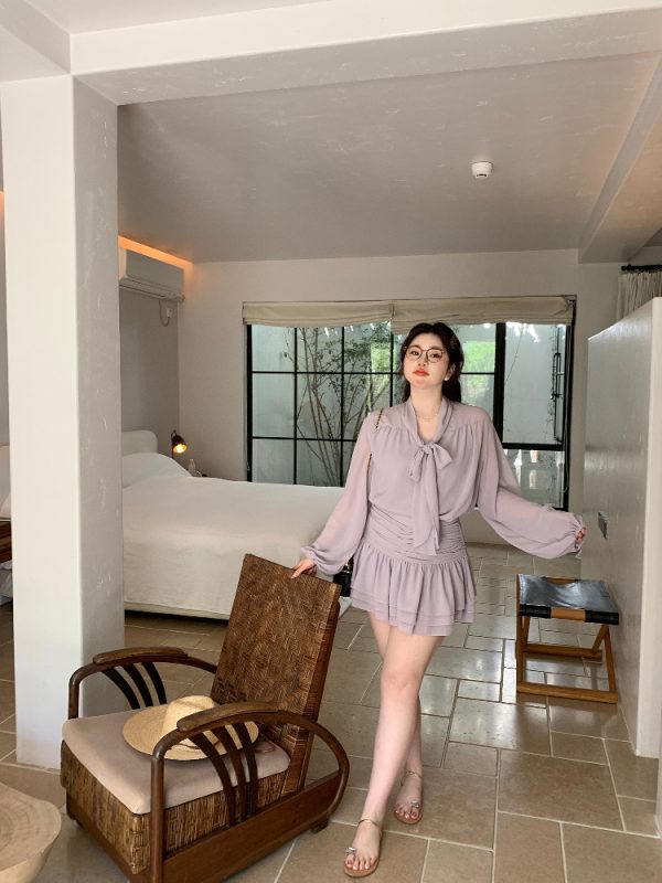 Slightly Chubby Purple Mist Aesthetics Shirt Set with Suspender Half Skirt and Bow Tie Ribbons â€“ Y2K Aesthetic Fashion