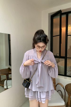 Slightly Chubby Purple Mist Aesthetics Shirt Set with Suspender Half Skirt and Bow Tie Ribbons â€“ Y2K Aesthetic Fashion