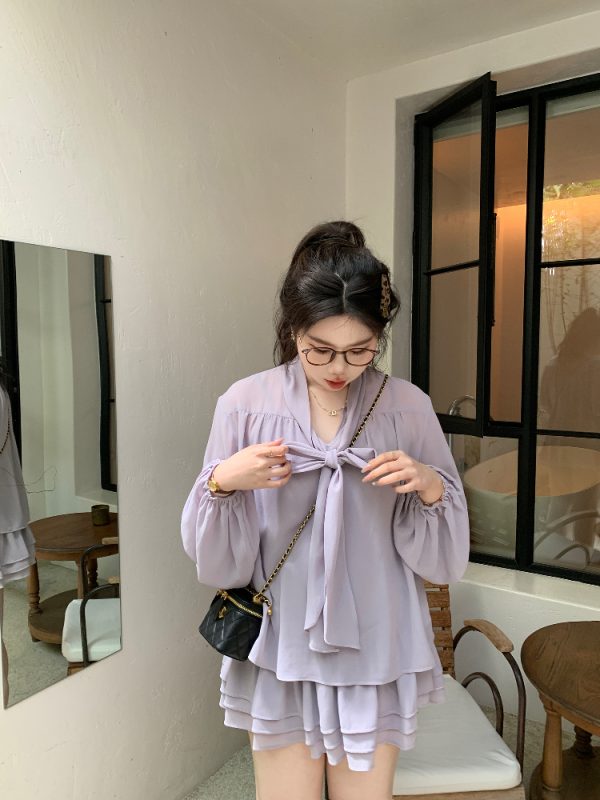 Slightly Chubby Purple Mist Aesthetics Shirt Set with Suspender Half Skirt and Bow Tie Ribbons â€“ Y2K Aesthetic Fashion