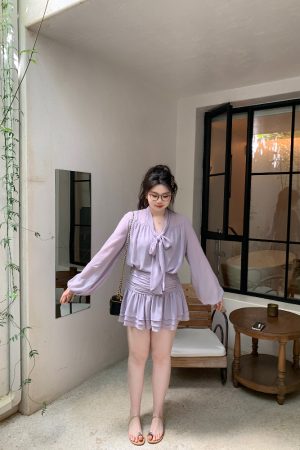 Slightly Chubby Purple Mist Aesthetics Shirt Set with Suspender Half Skirt and Bow Tie Ribbons â€“ Y2K Aesthetic Fashion
