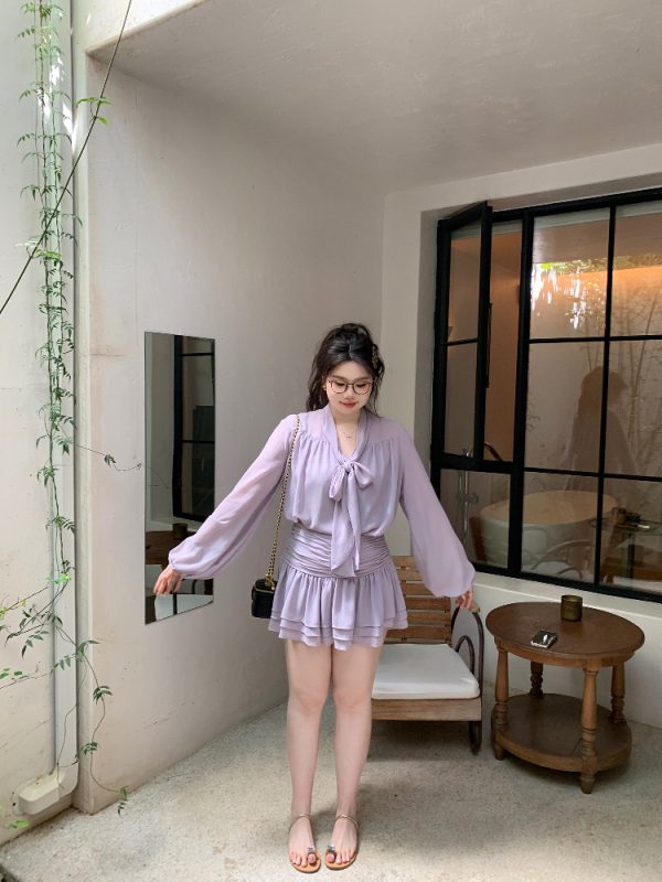 Slightly Chubby Purple Mist Aesthetics Shirt Set with Suspender Half Skirt and Bow Tie Ribbons â€“ Y2K Aesthetic Fashion