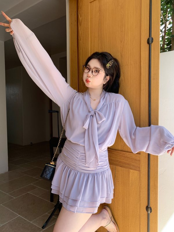Slightly Chubby Purple Mist Aesthetics Shirt Set with Suspender Half Skirt and Bow Tie Ribbons â€“ Y2K Aesthetic Fashion