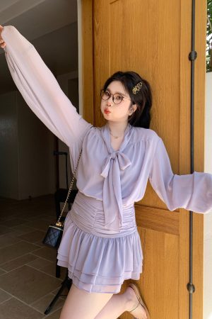 Slightly Chubby Purple Mist Aesthetics Shirt Set with Suspender Half Skirt and Bow Tie Ribbons â€“ Y2K Aesthetic Fashion