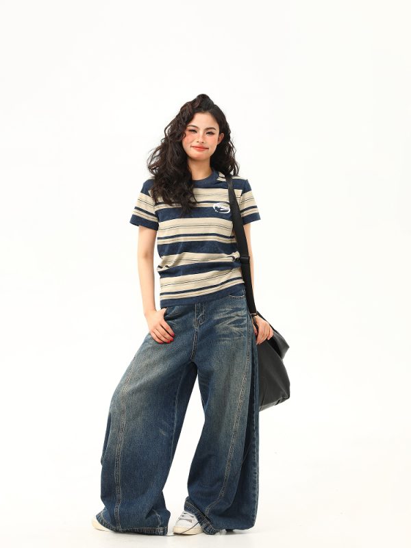 Slightly Loose Striped Short Sleeve T-Shirt for Women - Vintage American Style, Summer Versatile Top, Casual 90s Fashion