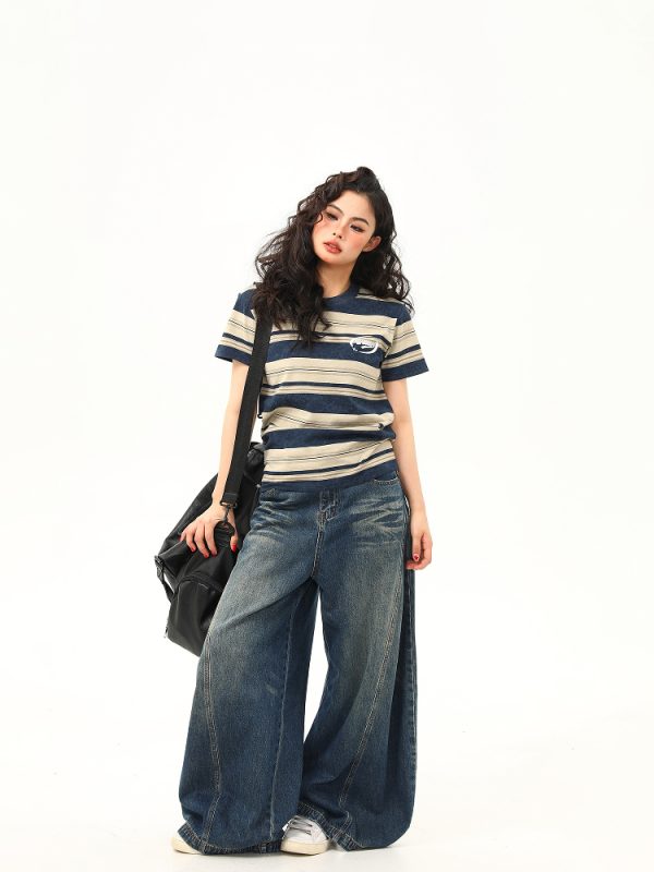 Slightly Loose Striped Short Sleeve T-Shirt for Women - Vintage American Style, Summer Versatile Top, Casual 90s Fashion