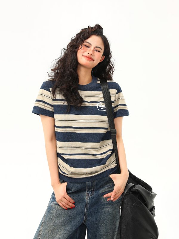 Slightly Loose Striped Short Sleeve T-Shirt for Women - Vintage American Style, Summer Versatile Top, Casual 90s Fashion