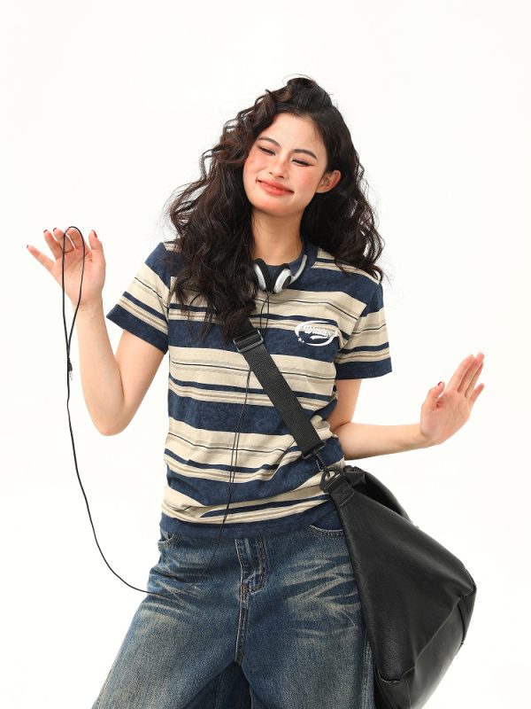Slightly Loose Striped Short Sleeve T-Shirt for Women - Vintage American Style, Summer Versatile Top, Casual 90s Fashion