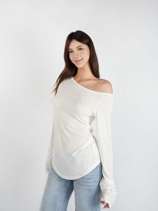 Slightly Sheer Off-Shoulder Long Sleeve Top - Relaxed Fit, Casual Chic Style, Perfect for Y2K and Korean Fashion Trends