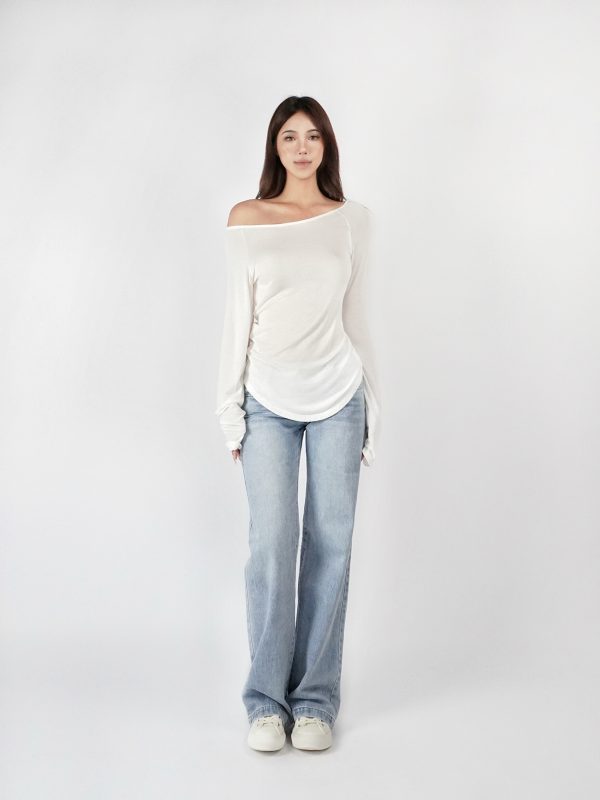 Slightly Sheer Off-Shoulder Long Sleeve Top - Relaxed Fit, Casual Chic Style, Perfect for Y2K and Korean Fashion Trends