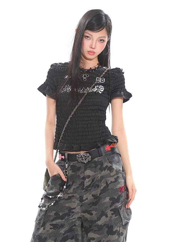 Slim Fit American Vintage Sports Jersey T-Shirt with High Elastic Wrinkled Texture - Digital Short Sleeve Top for Casual Style