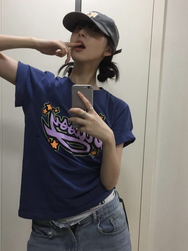 Slim-Fit Cartoon Pattern Short Sleeve T-Shirt for Women - Korean Niche Design, Summer Style, Pure Cotton Fashion Top