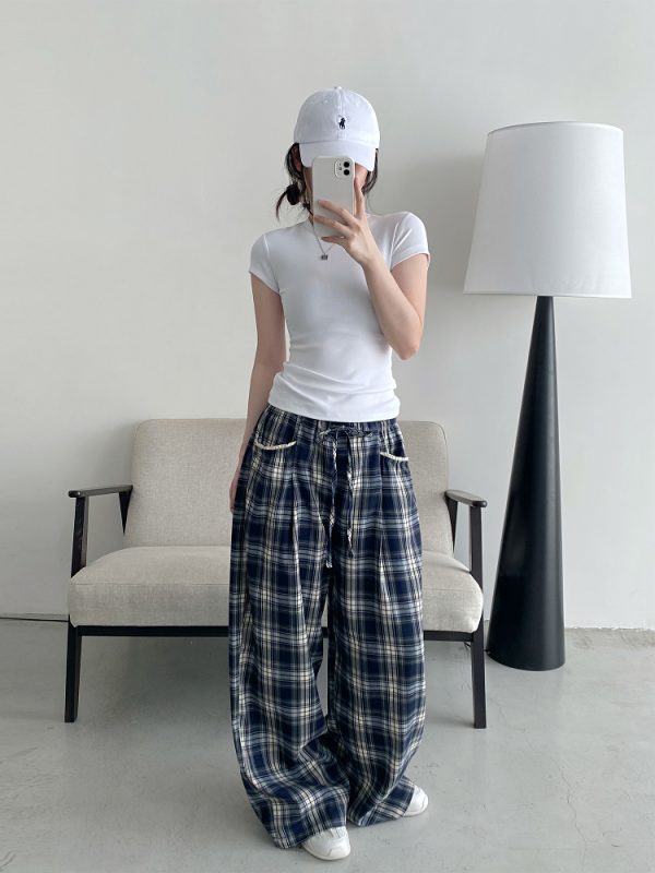 Slim-Fit Gray-Blue Checkered Casual Pants with Spliced Waistband and Drawstring - Versatile Wide-Leg Loose Straight Long Trousers