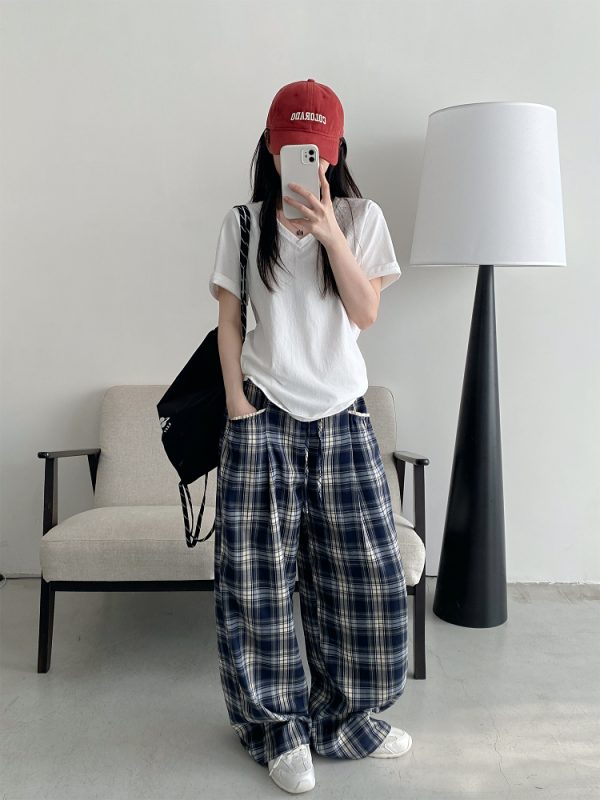 Slim-Fit Gray-Blue Checkered Casual Pants with Spliced Waistband and Drawstring - Versatile Wide-Leg Loose Straight Long Trousers