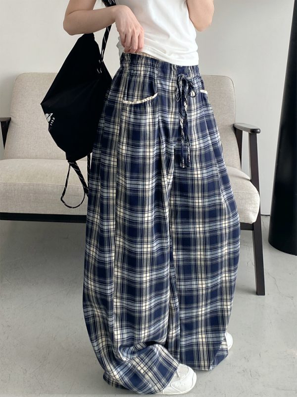 Slim-Fit Gray-Blue Checkered Casual Pants with Spliced Waistband and Drawstring - Versatile Wide-Leg Loose Straight Long Trousers