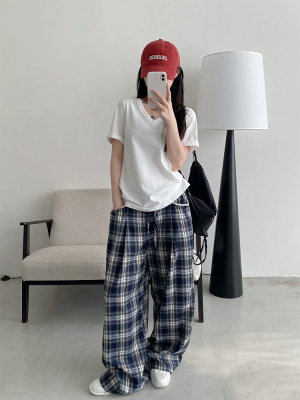 Slim-Fit Gray-Blue Checkered Casual Pants with Spliced Waistband and Drawstring - Versatile Wide-Leg Loose Straight Long Trousers