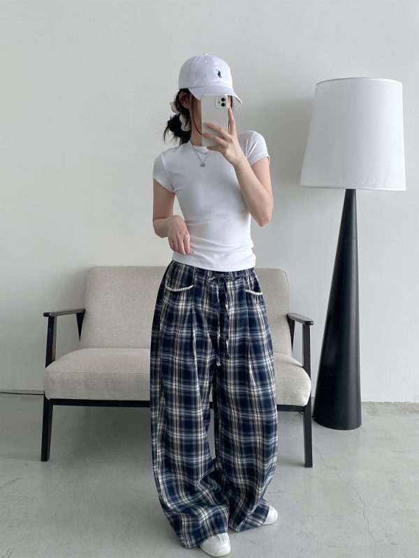 Slim-Fit Gray-Blue Checkered Casual Pants with Spliced Waistband and Drawstring - Versatile Wide-Leg Loose Straight Long Trousers