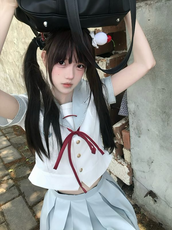 Slim-Fit High-Waisted Navy Collar Sailor Suit Set - Original JK Uniform College Style with Pudding Bear Design for Summer