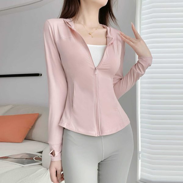 Slim-Fit Hooded Sun Protection Zip-Up Jacket with Bee Design, Tummy-Covering, Stretchy Long Sleeve for Spring-Summer Casual Wear
