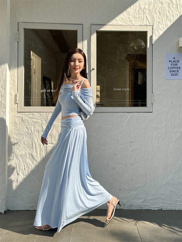 Slim-Fit One-Shoulder Skin-Baring Top and Pleated Long Skirt Set - Light Fabric Spring Korean Style Outfit