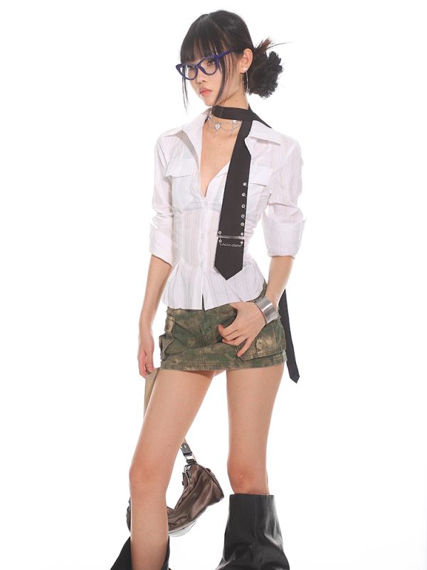Slim Fit Striped Waist-Defined Shirt for Women - 2025 Summer Elegant Style, High-End Fashion, Clean and Neat Design