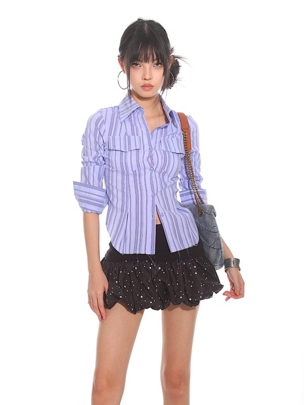 Slim Fit Striped Waist-Defined Shirt for Women - 2025 Summer Elegant Style, High-End Fashion, Clean and Neat Design