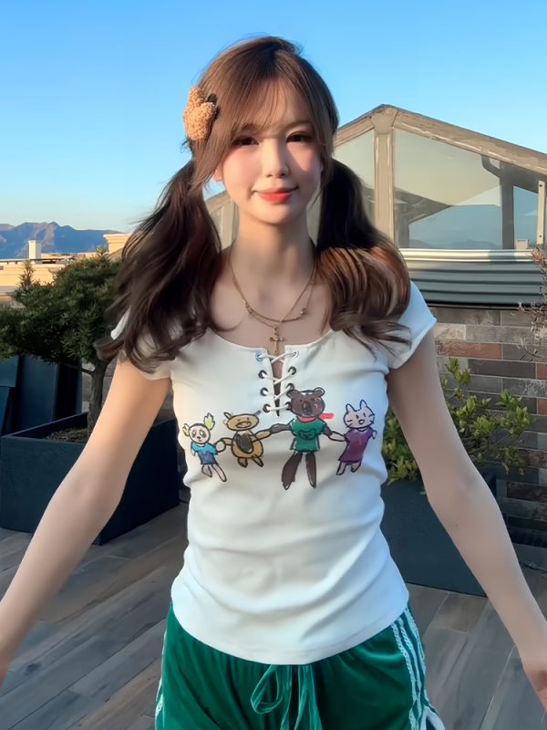 Slim Fit Tie Design American-Style Cartoon Printed Short Sleeve T-Shirt for Women - Summer Fashion Essential
