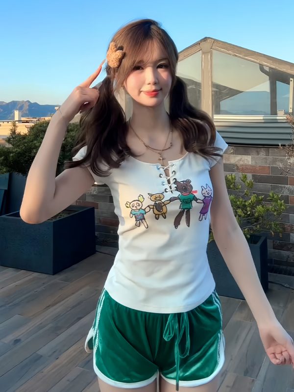 Slim Fit Tie Design American-Style Cartoon Printed Short Sleeve T-Shirt for Women - Summer Fashion Essential
