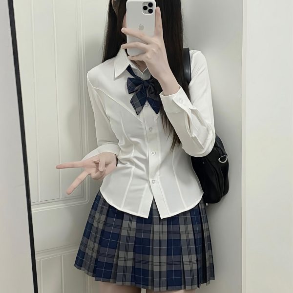 Slim Fit V-Neck White Shirt with Camellia Print, Long & Short Sleeves, College Style, Spring Summer Trend for Girls