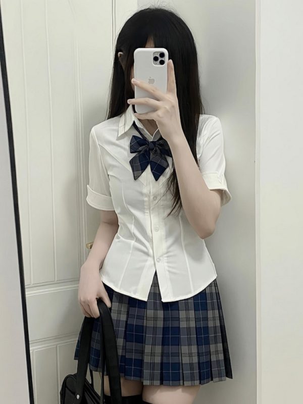Slim Fit V-Neck White Shirt with Camellia Print, Long & Short Sleeves, College Style, Spring Summer Trend for Girls