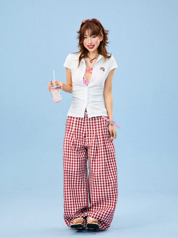 Slim Fit White Short Sleeve Shirt for Women - Textured Summer Top, American Style, Casual Wardrobe Essential