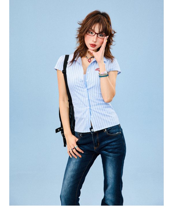 Slim Fit White Short Sleeve Shirt for Women - Textured Summer Top, American Style, Casual Wardrobe Essential