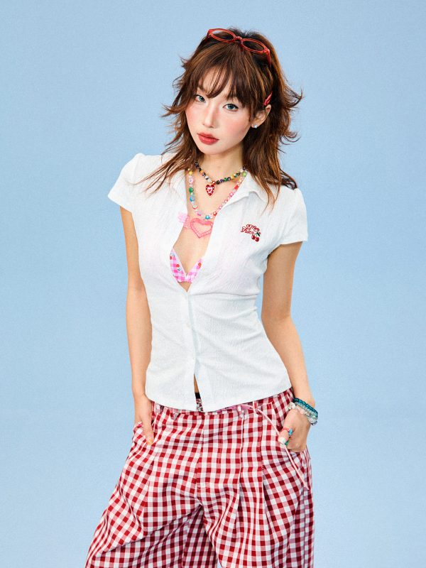 Slim Fit White Short Sleeve Shirt for Women - Textured Summer Top, American Style, Casual Wardrobe Essential
