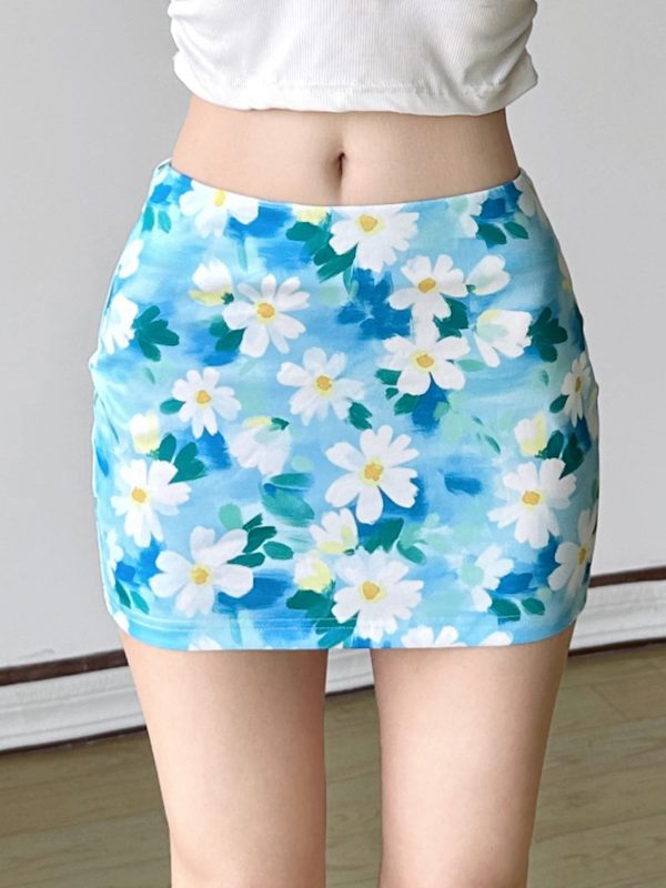 Small Daisy Floral Bodycon Skirt - Women's Fresh Oil Paint Blue Midi Skirt for Spring - Trendy Dopamine Fashion