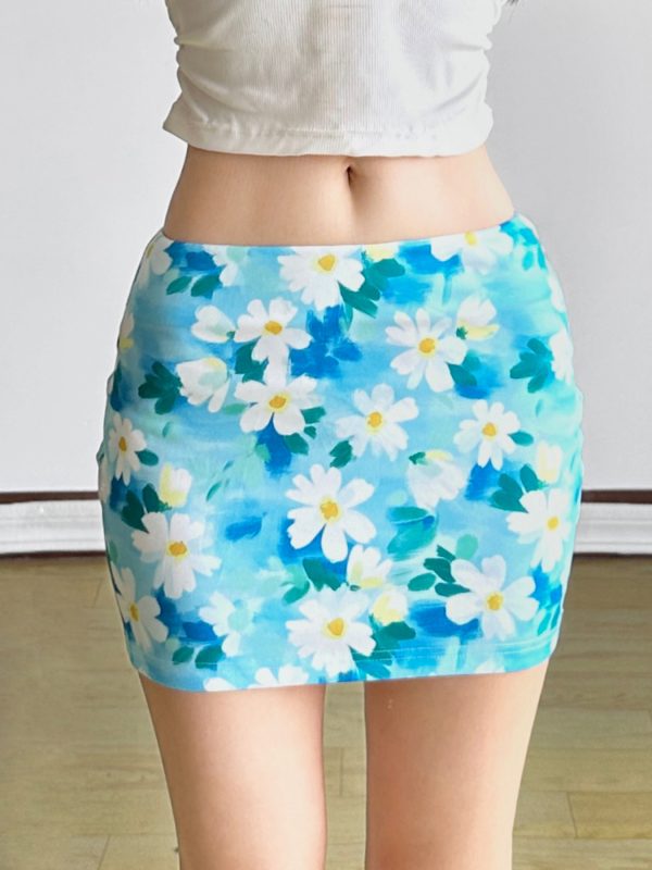 Small Daisy Floral Bodycon Skirt - Women's Fresh Oil Paint Blue Midi Skirt for Spring - Trendy Dopamine Fashion