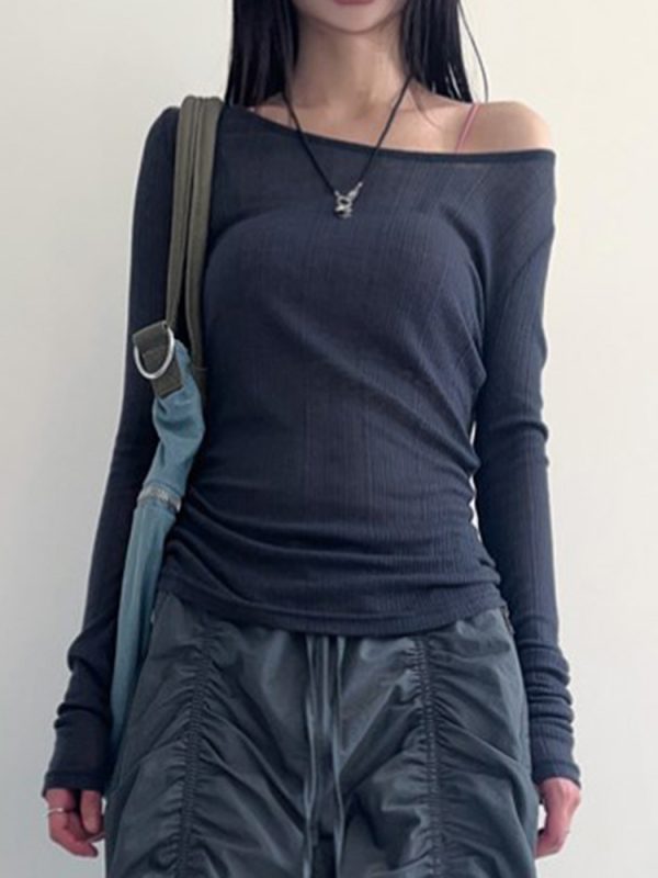 Smog Blue Lace-Up Backless Fitted Thin Knit Top for Women - One-Shoulder Long Sleeve Solid Color Shirt, Y2K Style