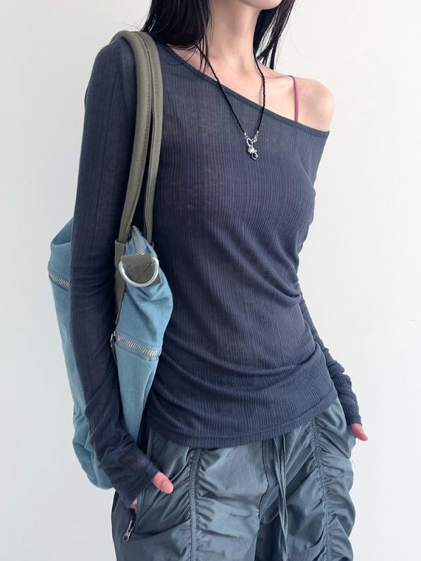 Smog Blue Lace-Up Backless Fitted Thin Knit Top for Women - One-Shoulder Long Sleeve Solid Color Shirt, Y2K Style