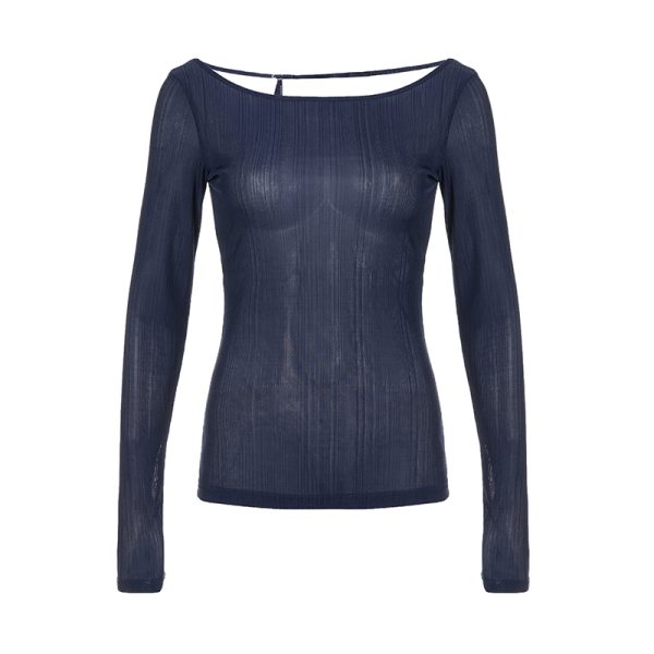 Smog Blue Lace-Up Backless Fitted Thin Knit Top for Women - One-Shoulder Long Sleeve Solid Color Shirt, Y2K Style