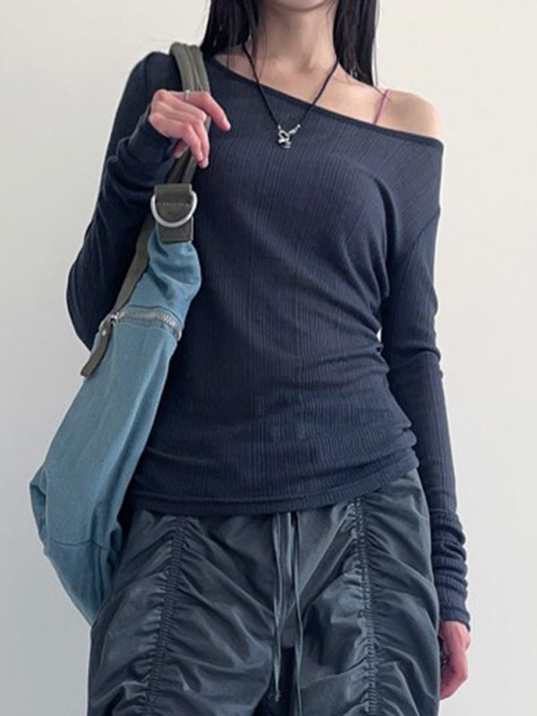 Smog Blue Lace-Up Backless Fitted Thin Knit Top for Women - One-Shoulder Long Sleeve Solid Color Shirt, Y2K Style