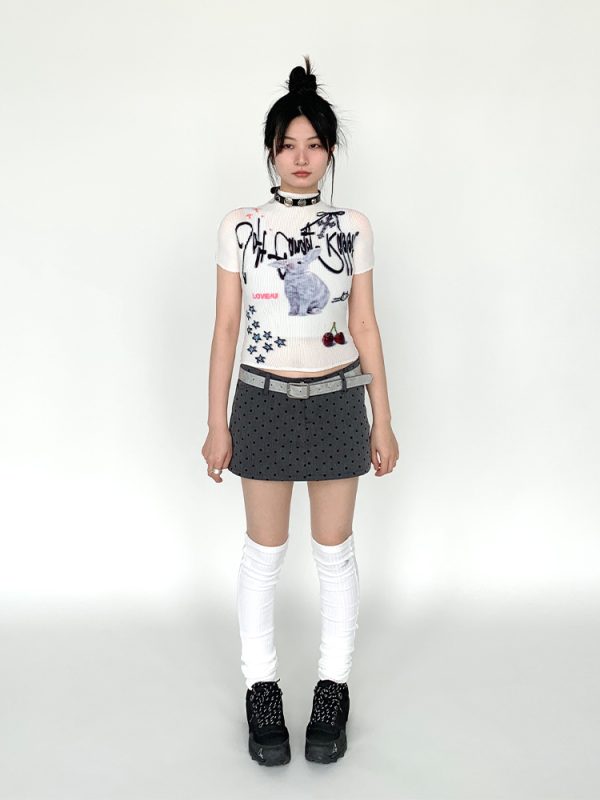 Soft Candy Rabbit Printed Short Sleeve T-Shirt - Elastic Pleated Design, Cute 90s Style Top for a Trendy Look